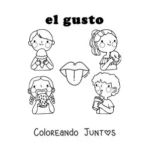 Imagen para colorear de niños animados saboreando alimentos de distintos sabores