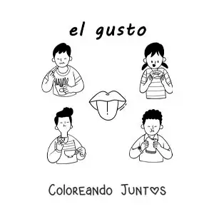 Imagen para colorear de una lengua y niños comiendo alimentos con el texto "el gusto"