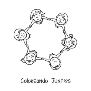 Imagen para colorear de varias niñas y niños sujetados de las manos en un círculo