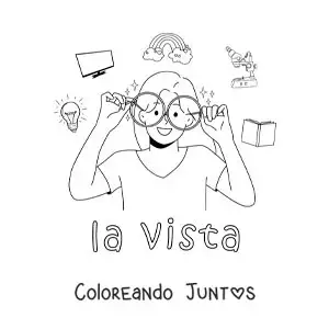 Imagen para colorear de una niña con lentes y símbolos de la vista