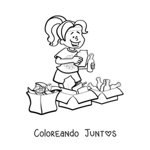 Imagen para colorear de una niña reciclando
