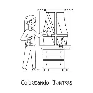 Imagen para colorear de una chica joven limpiando las ventanas de su casa