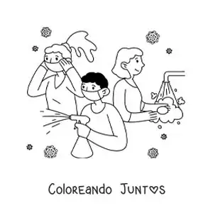 Imagen para colorear de 3 personas limpiando y desinfectando con el coronavirus en el fondo