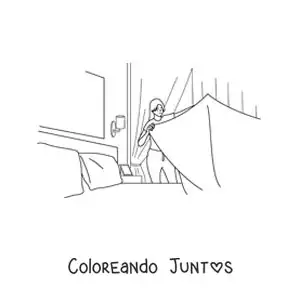 Imagen para colorear de una mujer tendiendo la cama en su habitación