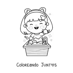 Imagen para colorear de una niña kawaii fregando los platos en el fregadero