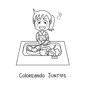 Imagen para colorear de una niña cantando mientras lava los trastes en el fregadero
