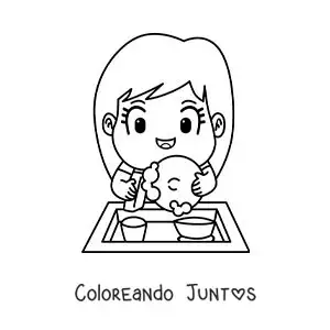 Imagen para colorear de una niña animada lavando platos