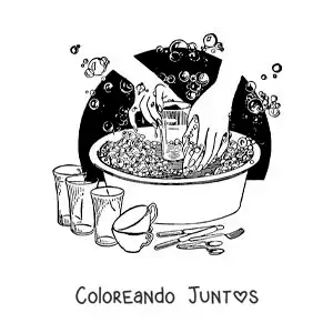 Imagen para colorear de un par de manos lavando platos en una tina