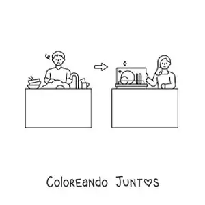 Imagen para colorear de un hombre fregando vs una mujer metiendo los trastes al lavavajillas