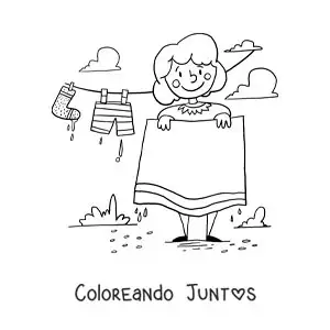 Imagen para colorear de una madre tendiendo la ropa lavada en el tendedero
