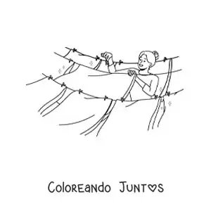 Imagen para colorear de una mujer colgando la ropa en un tendedero