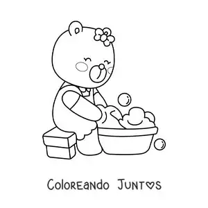 Imagen para colorear de una osa animada lavando la ropa a mano
