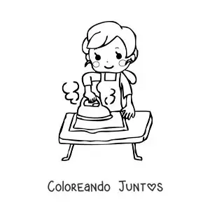 Imagen para colorear de una madre kawaii animada planchando ropa