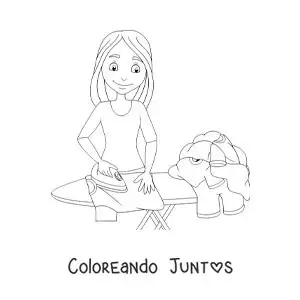 Imagen para colorear de una joven planchando ropa en una tabla de planchar