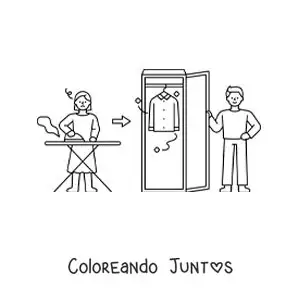 Imagen para colorear de una mujer planchando ropa para colgarla en el armario
