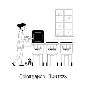 Imagen para colorear de una chica llevando desechos al contenedor de reciclaje