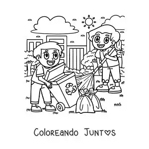Imagen para colorear de dos niños barriendo el patio y sacando la basura
