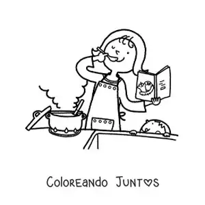 Imagen para colorear de una madre cocinando una receta junto a su hijo