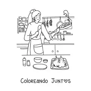 Imagen para colorear de una mujer cocinando en casa