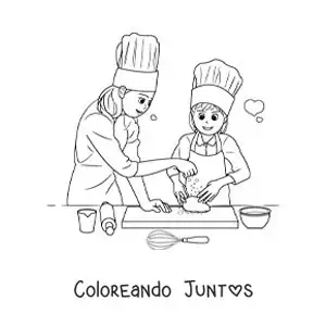 Imagen para colorear de una madre ayudando a su hija a cocinar un postre