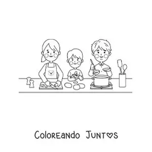 Imagen para colorear de una familia kawaii cocinando en casa