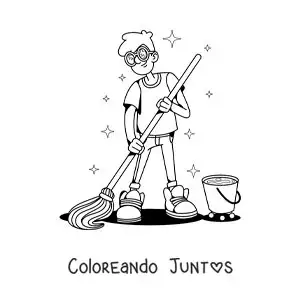 Imagen para colorear de un niño trapeando el piso en casa