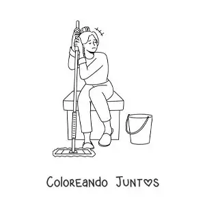 Imagen para colorear de una chica agotada de fregar el piso con la fregona