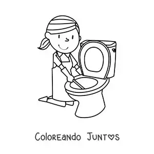 Imagen para colorear de una mujer animada limpiando la poceta