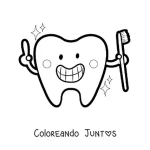 Imagen para colorear de un diente animado kawaii con un cepillo de dientes