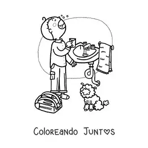 Imagen para colorear de un niño usando enjuague bucal al llegar del colegio
