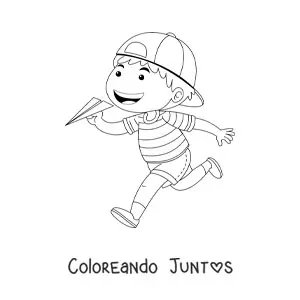 Imagen para colorear de un niño corriendo sujetando un avión de papel