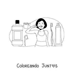 Imagen para colorear de una chica cepillando sus dientes con enjuague bucal e hilo