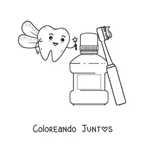 Imagen para colorear de el hada de los dientes junto a la pasta dental y el enjuague