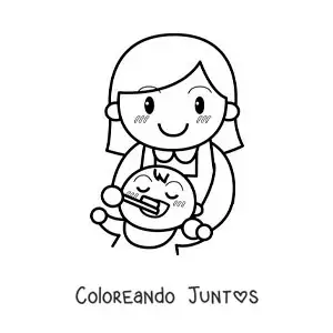 Imagen para colorear de una madre cepillando los dientes de su bebé