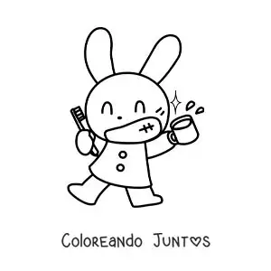 Imagen para colorear de un conejo kawaii cepillando sus dientes