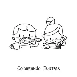 Imagen para colorear de una niña y un niño cepillando sus dientes