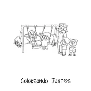 Imagen para colorear de varios niños jugando en el parque junto a conejos animados