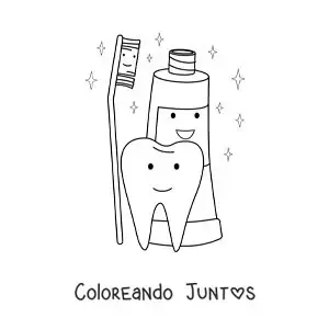 Imagen para colorear de un diente animado junto a un tubo de pasta dental y un cepillo