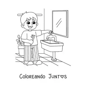 Imagen para colorear de un niño cepillándose sus dientes en el baño