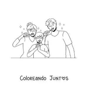 Imagen para colorear de una familia animada cepillándose los dientes