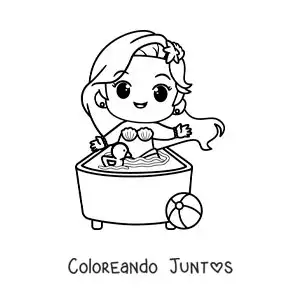 Imagen para colorear de una sirena kawaii tomando un baño
