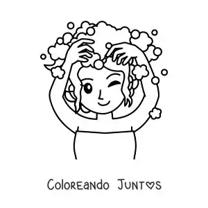 Imagen para colorear de una chica kawaii lavando su cabello con shampoo