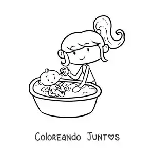 Imagen para colorear de una niña bañando a su hermana bebé