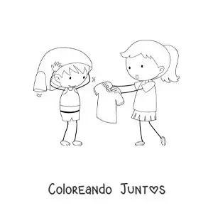 Imagen para colorear de un niña ayudando a su hermanito a vestirse