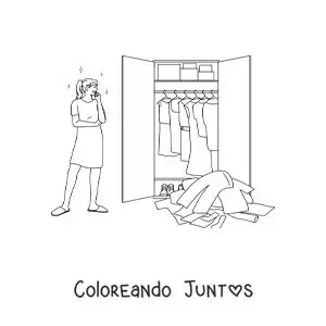 Imagen para colorear de una chica eligiendo qué ponerse de su armario