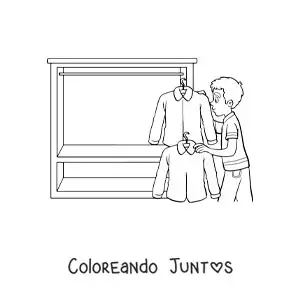 Imagen para colorear de un niño sacando camisas de su armario
