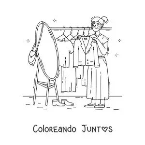 Imagen para colorear de una chica probándose un abrigo frente al espejo