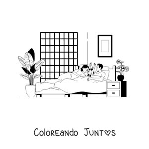 Imagen para colorear de una niña despertando junto a sus padres en la mañana