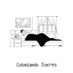 Imagen para colorear de un chico despertando en su habitación con un reloj despertador