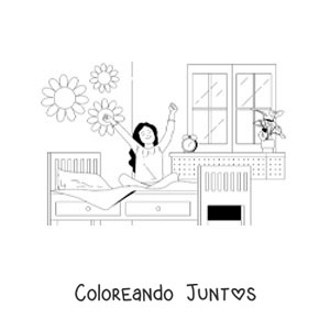 Imagen para colorear de una niña levantándose de la cama en su habitación con un reloj despertador